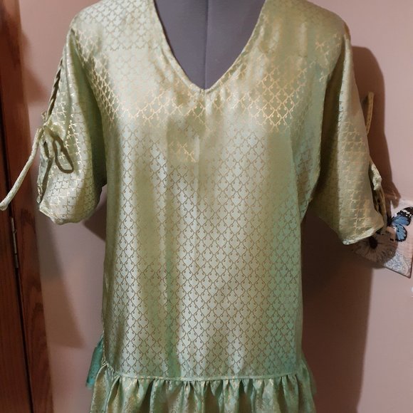 CHARMEUSE Boho Ruffled Blouse XL Mint green Gold Silky print Sexy V-neck Tie sle - Picture 2 of 12